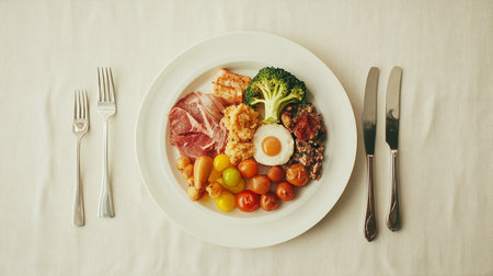 Healthy breakfast with ham, egg and vegetables on a white plateの素材