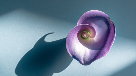 Purple calla lily flower with shadow on blue background.の素材