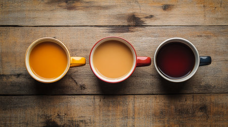 Coffee cups on wooden background. View from above with copy spaceの素材