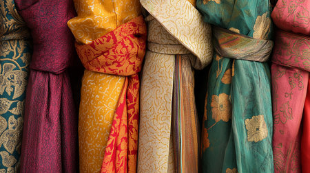 Colorful silk scarfs for sale in a shop in India.の素材