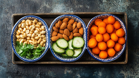 Healthy food concept. Assortment of nuts, cucumber, carrot, almond and parsley in bowls over rustic background. Top view, flat layの素材