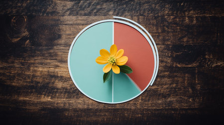 Flower on pie chart on wooden background. Top view with copy spaceの素材