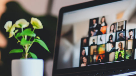Laptop with video conference on screen. Online meeting, telework conceptの素材