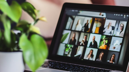 Laptop with video conference on the screen. Virtual meeting concept.の素材