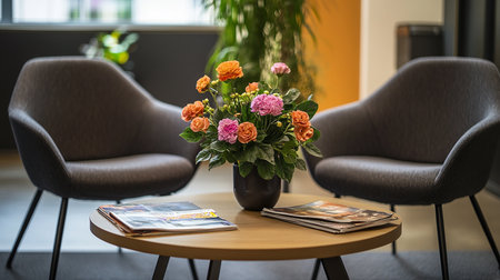 Bouquet of flowers in vase on table in coffee shopの素材