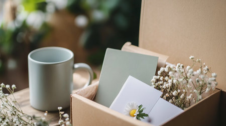 close-up view of open cardboard box with flowers and coffee cup on wooden tableの素材