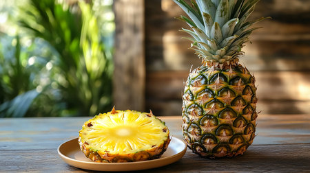 Pineapple fruit on wooden table in front of nature background.の素材