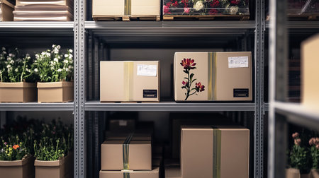 Boxes with flowers on shelves in flower shop, closeup.の素材