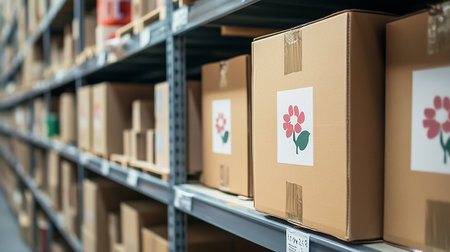 Cardboard boxes in a warehouse. Shallow depth of field.の素材