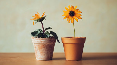 Sunflowers in clay pots on wooden table with copy space.の素材