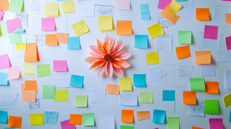 Paper flower and colorful post it notes on the white wall background.の素材
