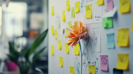 Sticky notes attached to the wall in the office with a flowerの素材