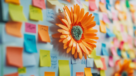 Orange gerbera flower on the colorful sticky notes on the wallの素材