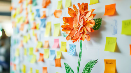 Paper notes on wall with colorful paper stickers and flowers in office.の素材