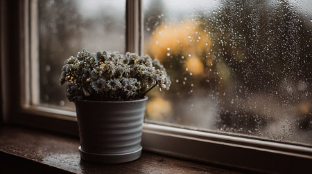 Flower pot on the window sill with rain drops on the backgroundの素材