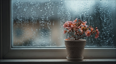 Flower in a pot on the windowsill with raindrops.の素材