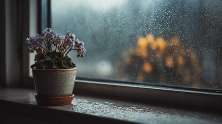 Small houseplant on the window sill in rainy day with raindropsの素材