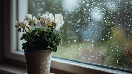 Flowers in a vase on the windowsill in rainy weatherの素材