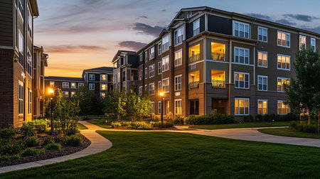 Row of modern apartment buildings in the city at dusk, Washington DC.の素材