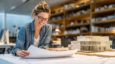 Portrait of smiling female architect working on blueprint at desk in officeの素材