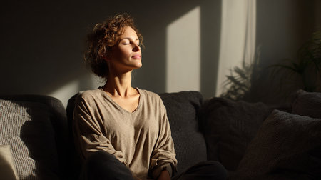 Portrait of a young woman sitting on a sofa at home.の素材