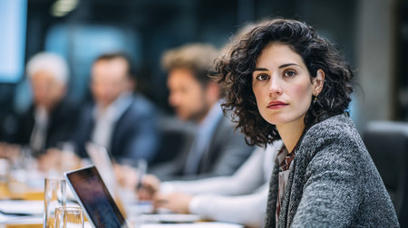 young businesswoman sitting at table in conference hall with colleagues in backgroundの素材