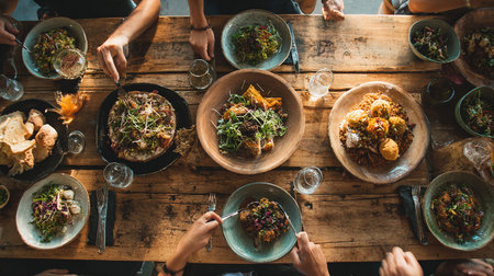 Top view of group of friends having dinner together while sitting at wooden tableの素材