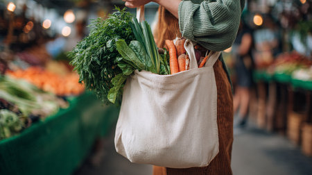 Close-up of a woman holding a shopping bag full of fresh vegetables.の素材