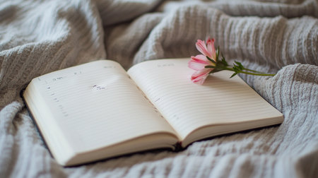 Open notebook with a pink flower on the bed in the morning.の素材