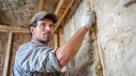 Portrait of a male worker working on a construction site in the atticの素材