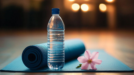 Bottle of water and yoga mat on wooden floor in gym.の素材