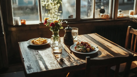 Glass of water on a wooden table in a cafe with a vase of flowersの素材