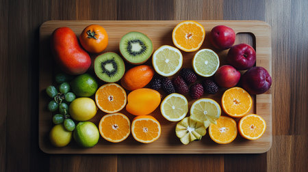 Fruits on a wooden board. Orange, kiwi, lemon, grapefruit, mandarinの素材