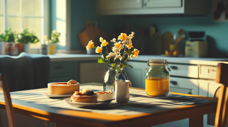 Bouquet of flowers and pancakes on table in kitchen at homeの素材