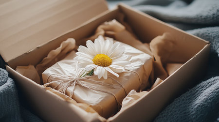 Cardboard box with chamomile flower on the bed.の素材