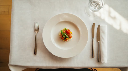 Top view of salad with salmon and vegetables on white plate in restaurantの素材