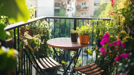 Beautiful terrace with flowers on the terrace of a restaurantの素材