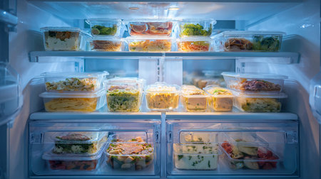 Empty refrigerator full of food, close-up. Food delivery conceptの素材