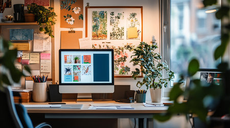 Working place with computer on desk in office. Workplace with plants.の素材