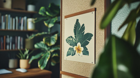 Wooden door with picture of tropical flower in interior of modern roomの素材