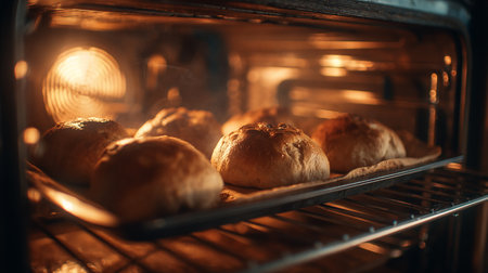 Baked buns in the oven. Bakery and cooking conceptの素材