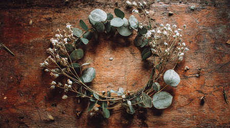 Wreath of eucalyptus and gypsophila on old wooden backgroundの素材