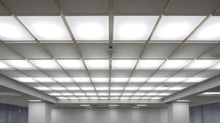 White ceiling with lamps in modern office building. Interior of modern office buildingの素材