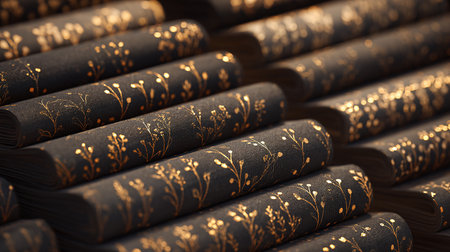 Pile of books with golden pattern. Close-up shot.の素材