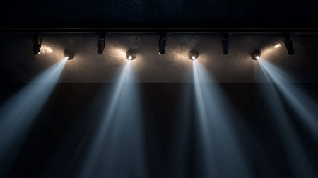 Stage lights and spotlights on a dark background. Close-up.の素材