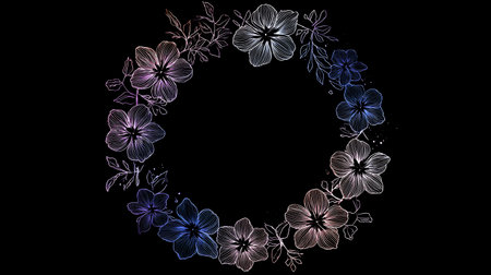 Hand drawn floral wreath with hibiscus flowers on black backgroundの素材