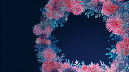 Frosty winter frame on a dark blue background with copy spaceの素材