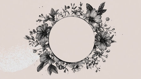 Hand drawn floral frame with flowers. Black and white vector illustration.の素材