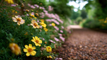 Yellow flowers in the garden. Selective focus and shallow depth of field.の素材