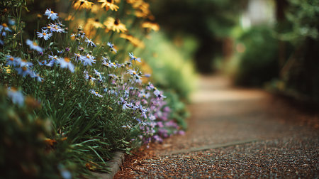 Beautiful summer flowers on the walkway in the park. Selective focus.の素材